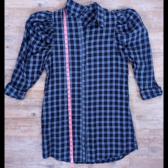 WORN ONCE ASOS BooHoo Blue Plaid Leg of Mutton Sleeve Buttondown Shirt Dress 80s - Picture 6 of 9
